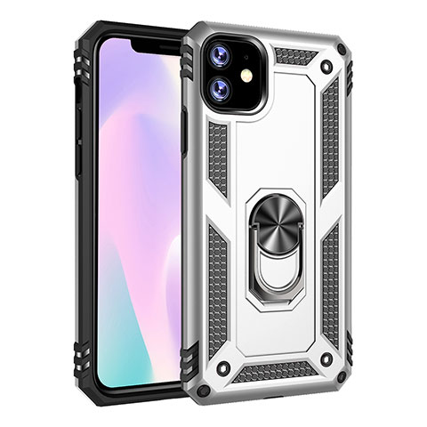 Silikon Hülle Handyhülle und Kunststoff Schutzhülle Tasche mit Magnetisch Fingerring Ständer S01 für Apple iPhone 11 Silber