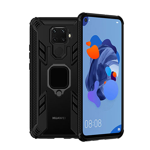 Silikon Hülle Handyhülle und Kunststoff Schutzhülle Tasche mit Magnetisch Fingerring Ständer S03 für Huawei Nova 5i Pro Schwarz