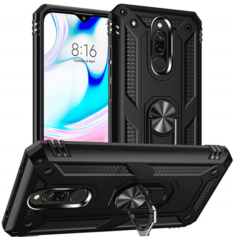 Silikon Hülle Handyhülle und Kunststoff Schutzhülle Tasche mit Magnetisch Fingerring Ständer S04 für Xiaomi Redmi 8 Schwarz