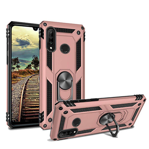 Silikon Hülle Handyhülle und Kunststoff Schutzhülle Tasche mit Magnetisch Ständer für Huawei P30 Lite New Edition Rosegold