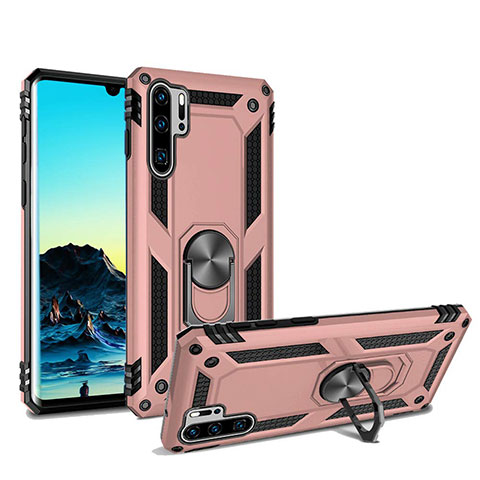 Silikon Hülle Handyhülle und Kunststoff Schutzhülle Tasche mit Magnetisch Ständer für Huawei P30 Pro Rosegold