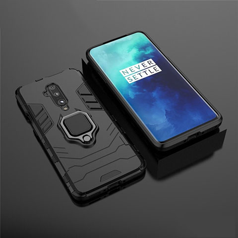 Silikon Hülle Handyhülle und Kunststoff Schutzhülle Tasche mit Magnetisch Ständer für OnePlus 7T Pro Schwarz