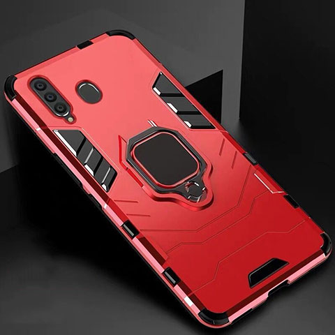 Silikon Hülle Handyhülle und Kunststoff Schutzhülle Tasche mit Magnetisch Ständer für Samsung Galaxy M40 Rot