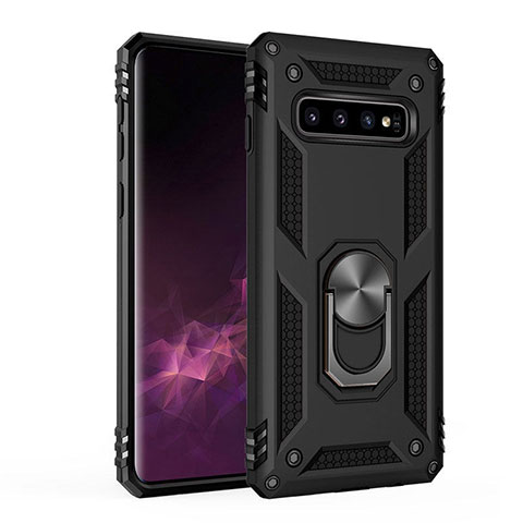 Silikon Hülle Handyhülle und Kunststoff Schutzhülle Tasche mit Magnetisch Ständer für Samsung Galaxy S10 5G Schwarz