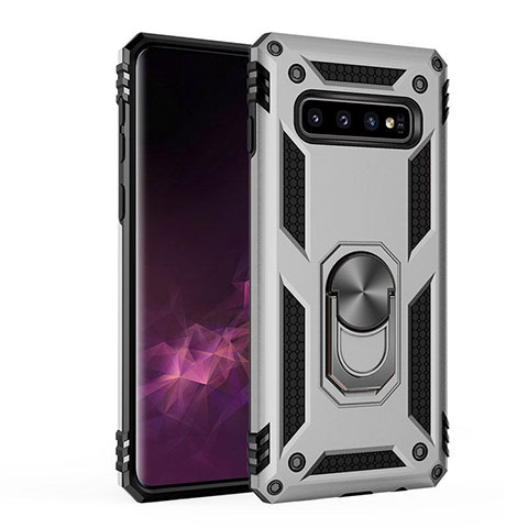 Silikon Hülle Handyhülle und Kunststoff Schutzhülle Tasche mit Magnetisch Ständer für Samsung Galaxy S10 5G Silber