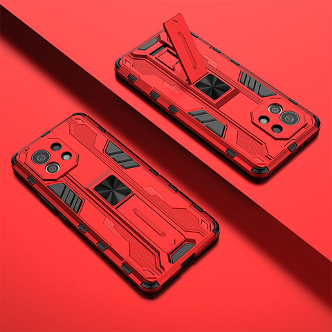 Silikon Hülle Handyhülle und Kunststoff Schutzhülle Tasche mit Magnetisch Ständer H01 für Xiaomi Mi 11 Lite 5G Rot