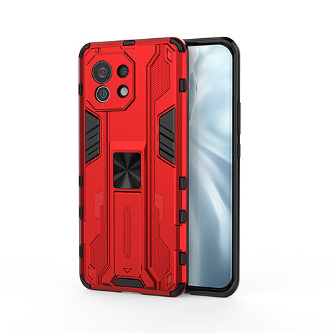 Silikon Hülle Handyhülle und Kunststoff Schutzhülle Tasche mit Magnetisch Ständer H02 für Xiaomi Mi 11 5G Rot