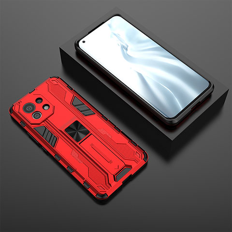 Silikon Hülle Handyhülle und Kunststoff Schutzhülle Tasche mit Magnetisch Ständer H03 für Xiaomi Mi 11 5G Rot