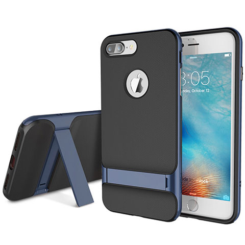 Silikon Hülle Handyhülle und Kunststoff Schutzhülle Tasche mit Ständer A01 für Apple iPhone 8 Plus Blau