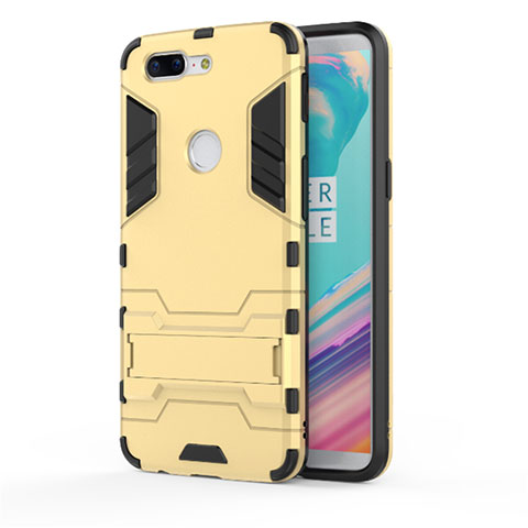 Silikon Hülle Handyhülle und Kunststoff Schutzhülle Tasche mit Ständer A01 für OnePlus 5T A5010 Gold