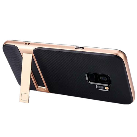 Silikon Hülle Handyhülle und Kunststoff Schutzhülle Tasche mit Ständer A02 für Samsung Galaxy S9 Gold