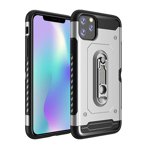 Silikon Hülle Handyhülle und Kunststoff Schutzhülle Tasche mit Ständer A03 für Apple iPhone 11 Pro Silber