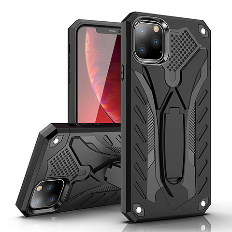 Silikon Hülle Handyhülle und Kunststoff Schutzhülle Tasche mit Ständer für Apple iPhone 11 Pro Max Schwarz