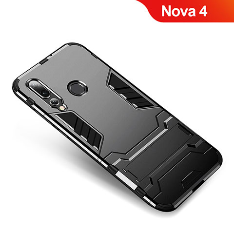 Silikon Hülle Handyhülle und Kunststoff Schutzhülle Tasche mit Ständer für Huawei Nova 4 Schwarz