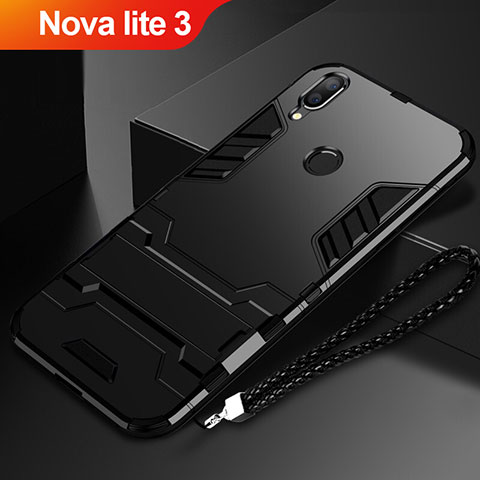 Silikon Hülle Handyhülle und Kunststoff Schutzhülle Tasche mit Ständer für Huawei Nova Lite 3 Schwarz