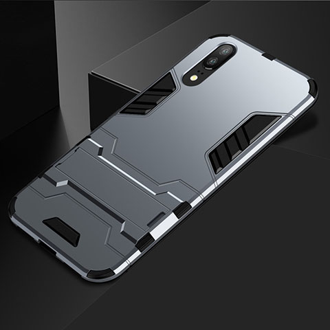 Silikon Hülle Handyhülle und Kunststoff Schutzhülle Tasche mit Ständer für Huawei P20 Grau