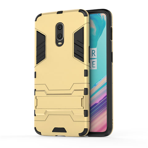 Silikon Hülle Handyhülle und Kunststoff Schutzhülle Tasche mit Ständer für OnePlus 7 Gold