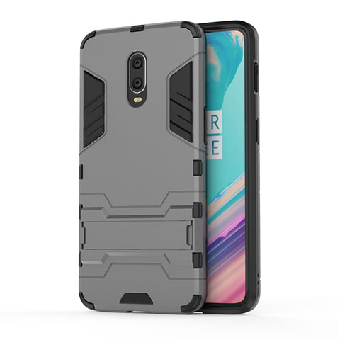 Silikon Hülle Handyhülle und Kunststoff Schutzhülle Tasche mit Ständer für OnePlus 7 Grau