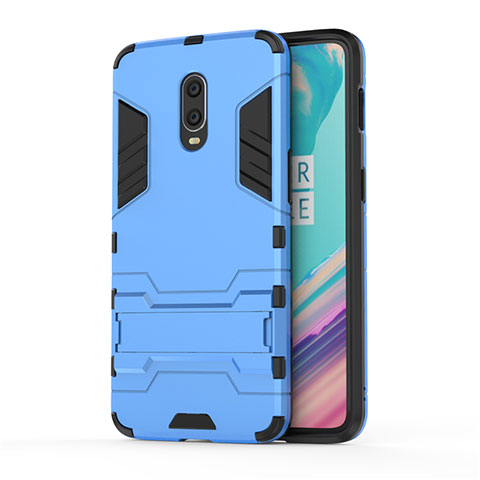 Silikon Hülle Handyhülle und Kunststoff Schutzhülle Tasche mit Ständer für OnePlus 7 Hellblau