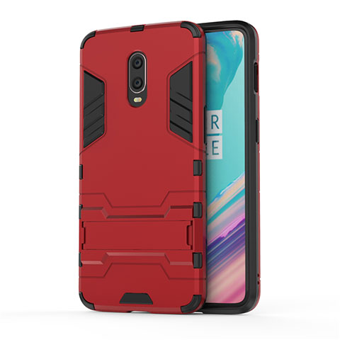 Silikon Hülle Handyhülle und Kunststoff Schutzhülle Tasche mit Ständer für OnePlus 7 Rot