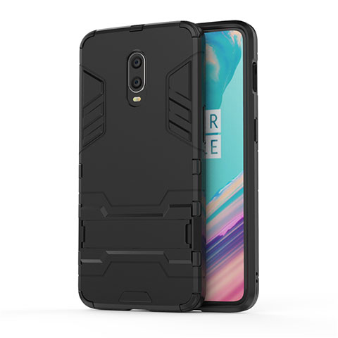 Silikon Hülle Handyhülle und Kunststoff Schutzhülle Tasche mit Ständer für OnePlus 7 Schwarz