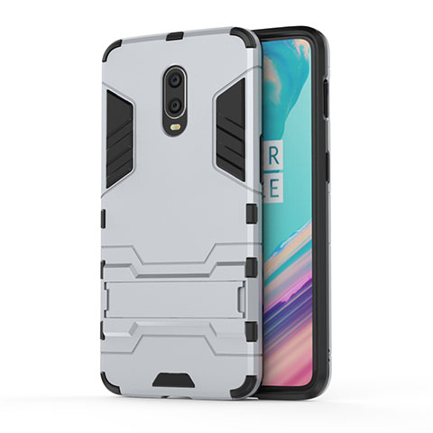 Silikon Hülle Handyhülle und Kunststoff Schutzhülle Tasche mit Ständer für OnePlus 7 Silber