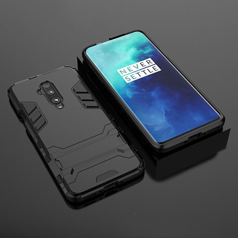 Silikon Hülle Handyhülle und Kunststoff Schutzhülle Tasche mit Ständer für OnePlus 7T Pro Schwarz