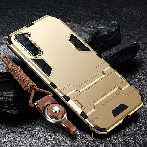 Silikon Hülle Handyhülle und Kunststoff Schutzhülle Tasche mit Ständer für Oppo K7 5G Gold