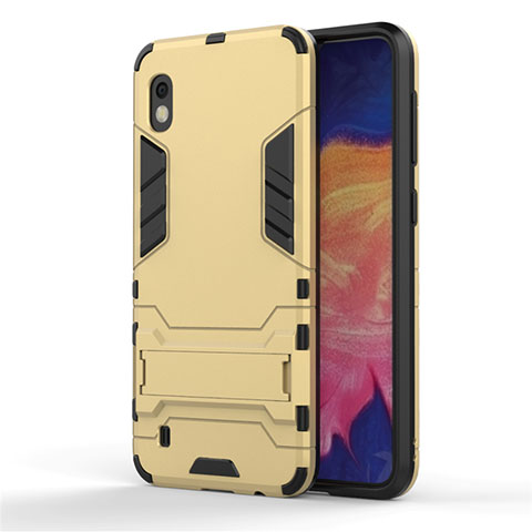 Silikon Hülle Handyhülle und Kunststoff Schutzhülle Tasche mit Ständer für Samsung Galaxy A10 Gold