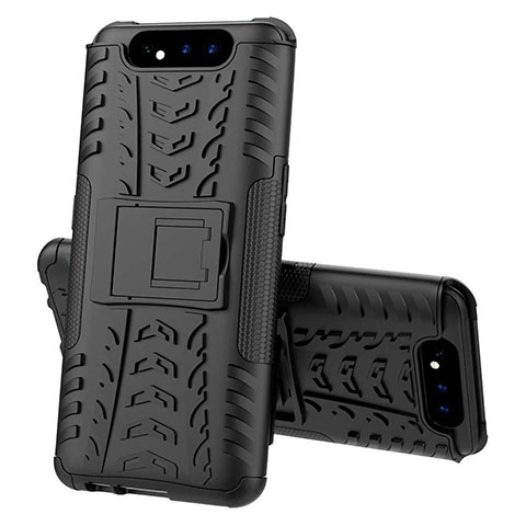 Silikon Hülle Handyhülle und Kunststoff Schutzhülle Tasche mit Ständer für Samsung Galaxy A80 Schwarz