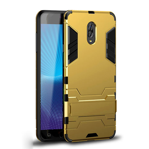 Silikon Hülle Handyhülle und Kunststoff Schutzhülle Tasche mit Ständer für Samsung Galaxy J7 Plus Gold