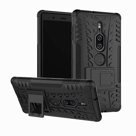 Silikon Hülle Handyhülle und Kunststoff Schutzhülle Tasche mit Ständer für Sony Xperia XZ2 Premium Schwarz