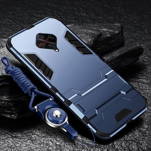 Silikon Hülle Handyhülle und Kunststoff Schutzhülle Tasche mit Ständer für Vivo S1 Pro Blau