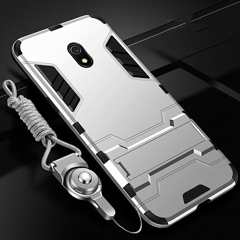 Silikon Hülle Handyhülle und Kunststoff Schutzhülle Tasche mit Ständer für Xiaomi Redmi 8A Silber