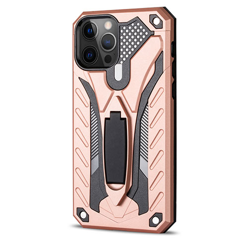 Silikon Hülle Handyhülle und Kunststoff Schutzhülle Tasche mit Ständer R01 für Apple iPhone 12 Pro Max Rosegold