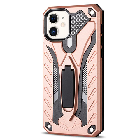 Silikon Hülle Handyhülle und Kunststoff Schutzhülle Tasche mit Ständer R01 für Apple iPhone 12 Rosegold