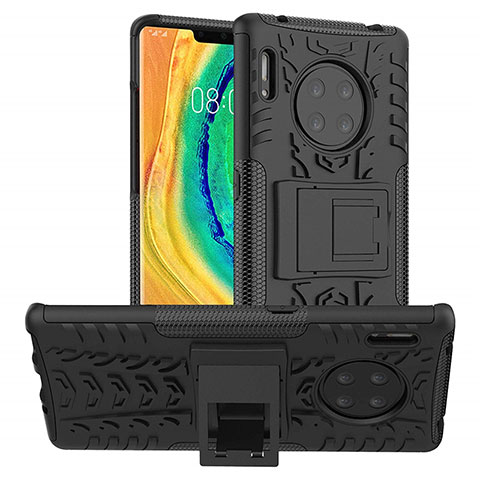 Silikon Hülle Handyhülle und Kunststoff Schutzhülle Tasche mit Ständer R01 für Huawei Mate 30 Pro Schwarz