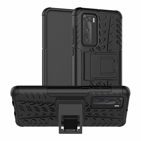 Silikon Hülle Handyhülle und Kunststoff Schutzhülle Tasche mit Ständer R01 für Huawei P40 Schwarz