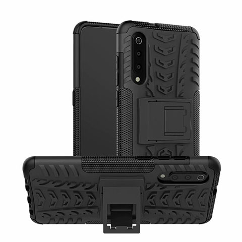 Silikon Hülle Handyhülle und Kunststoff Schutzhülle Tasche mit Ständer R01 für Samsung Galaxy A70S Schwarz