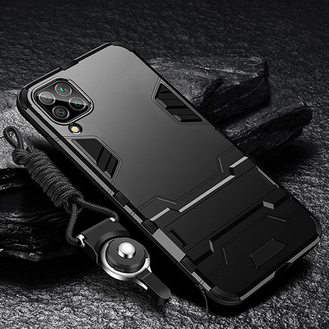 Silikon Hülle Handyhülle und Kunststoff Schutzhülle Tasche mit Ständer R01 für Samsung Galaxy F12 Schwarz