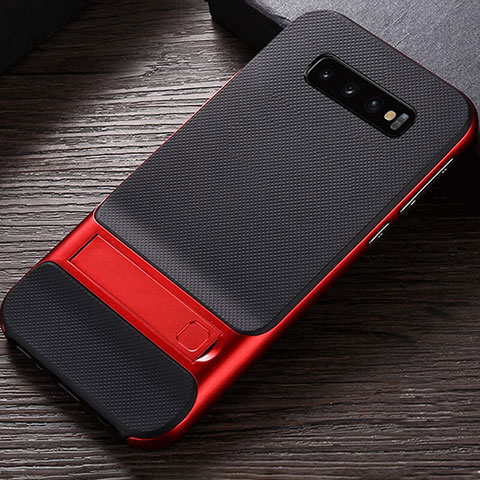 Silikon Hülle Handyhülle und Kunststoff Schutzhülle Tasche mit Ständer R01 für Samsung Galaxy S10 5G Rot