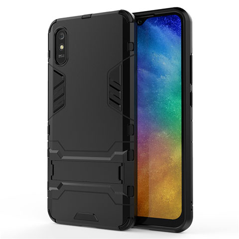 Silikon Hülle Handyhülle und Kunststoff Schutzhülle Tasche mit Ständer R01 für Xiaomi Redmi 9A Schwarz