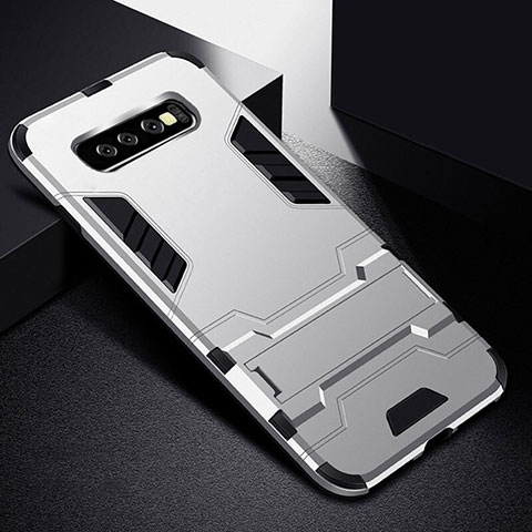 Silikon Hülle Handyhülle und Kunststoff Schutzhülle Tasche mit Ständer R02 für Samsung Galaxy S10 5G Silber