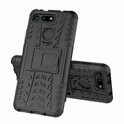 Silikon Hülle Handyhülle und Kunststoff Schutzhülle Tasche mit Ständer R03 für Huawei Honor V20 Schwarz