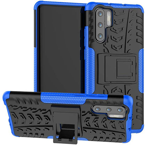 Silikon Hülle Handyhülle und Kunststoff Schutzhülle Tasche mit Ständer R03 für Huawei P30 Pro Blau