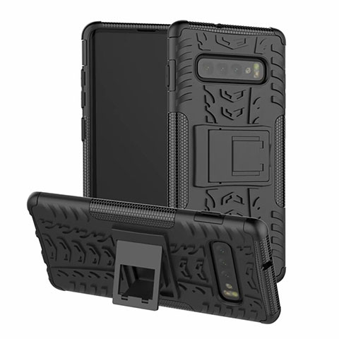 Silikon Hülle Handyhülle und Kunststoff Schutzhülle Tasche mit Ständer R03 für Samsung Galaxy S10 Schwarz