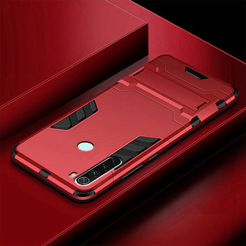 Silikon Hülle Handyhülle und Kunststoff Schutzhülle Tasche mit Ständer R03 für Xiaomi Redmi Note 8T Rot