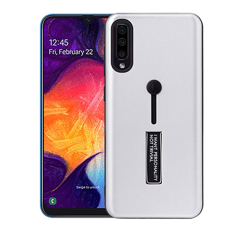 Silikon Hülle Handyhülle und Kunststoff Schutzhülle Tasche mit Ständer R04 für Samsung Galaxy A70 Silber