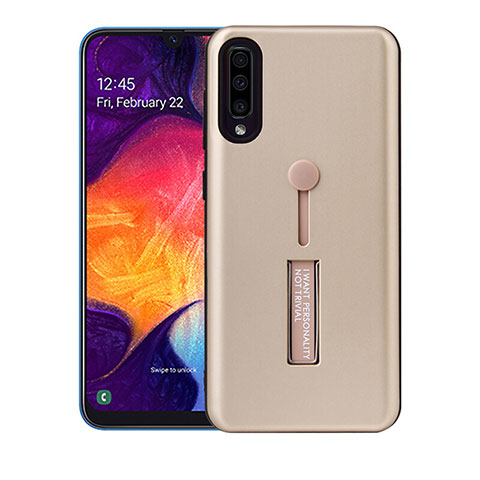 Silikon Hülle Handyhülle und Kunststoff Schutzhülle Tasche mit Ständer R04 für Samsung Galaxy A90 5G Gold