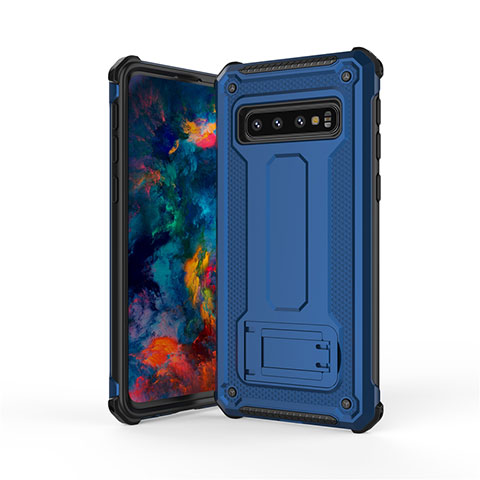 Silikon Hülle Handyhülle und Kunststoff Schutzhülle Tasche mit Ständer T01 für Samsung Galaxy S10 5G Blau und Schwarz